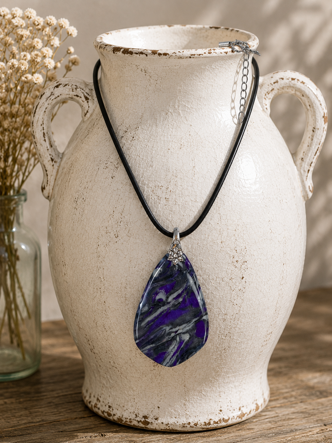 Dramatic pendant,  vivid royal purple, smoky charcoal, silver-gray Necklace