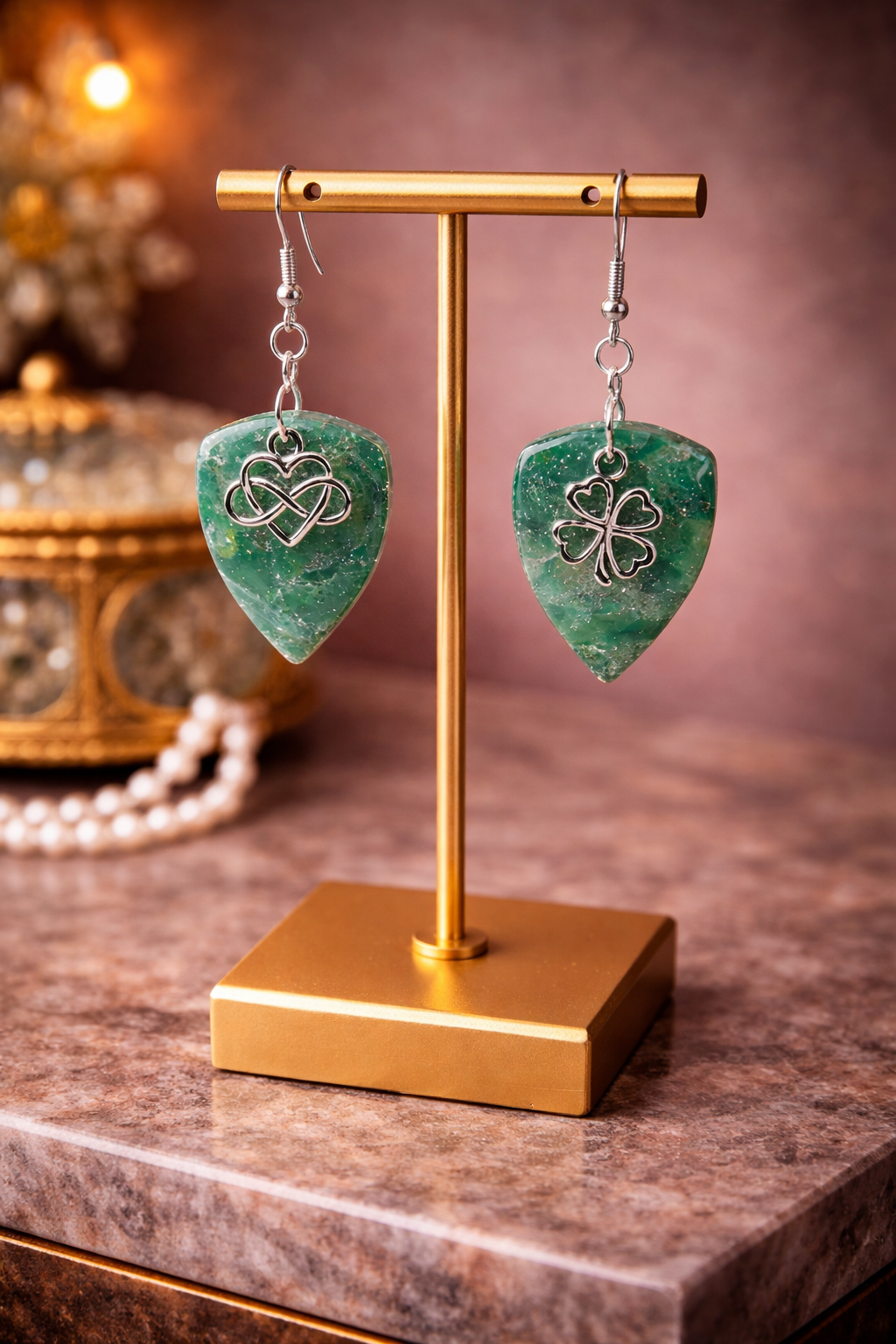 Unique green SET with 3 different charms Necklace and Earrings