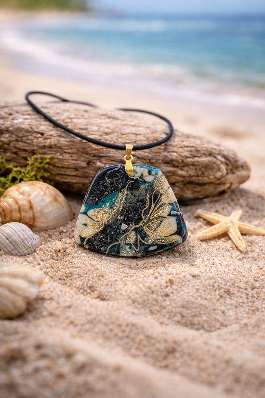 Expressive unique deep black, soft gold, and hints of blue Necklace