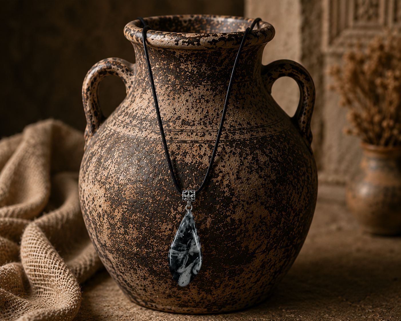 Elongated pendant, charcoal tones, marbled with grey and silver Necklace
