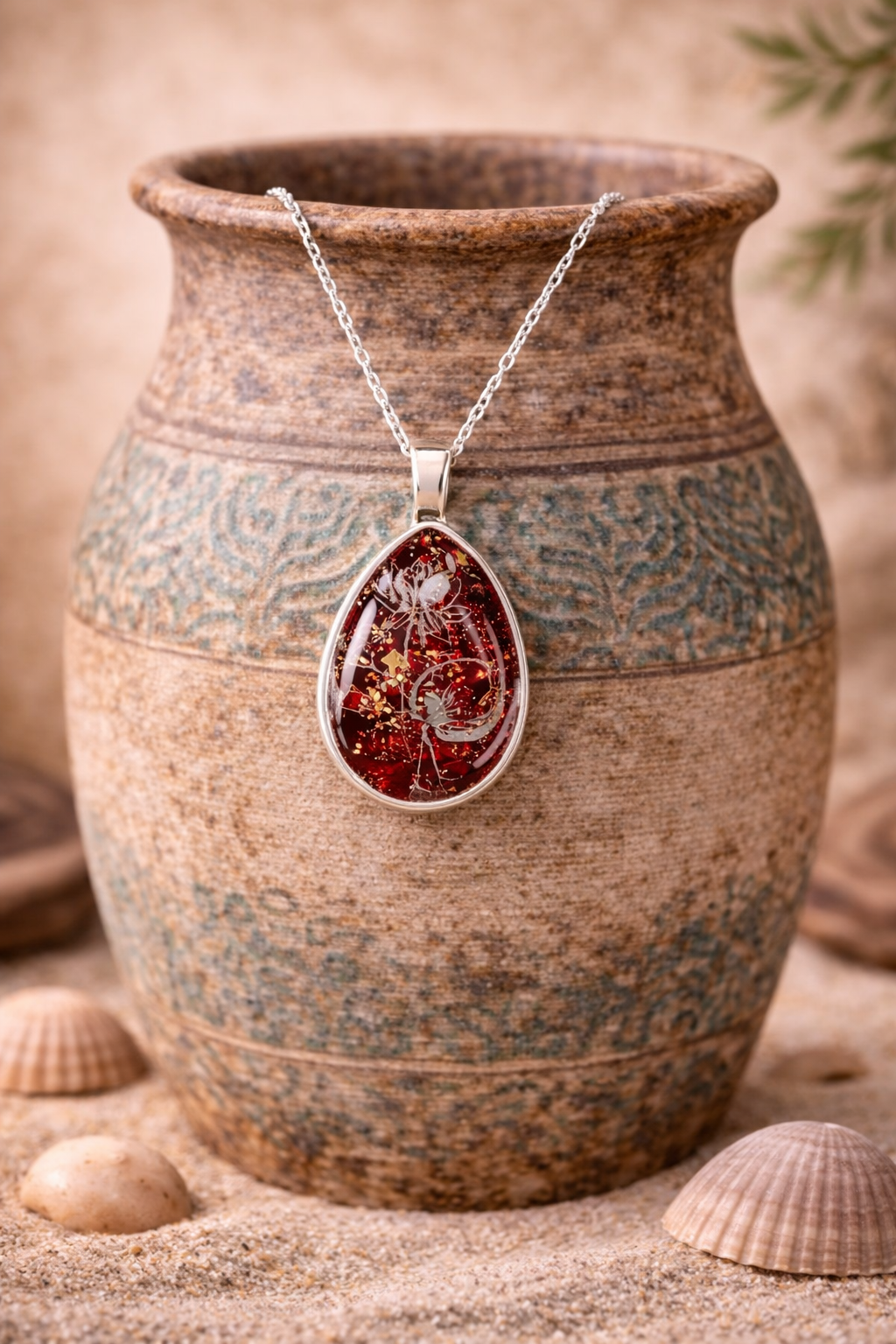 Delicate lily flower on deep red tones teardrop Necklace