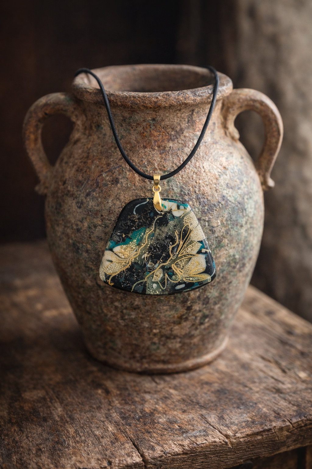 Expressive unique deep black, soft gold, and hints of blue Necklace