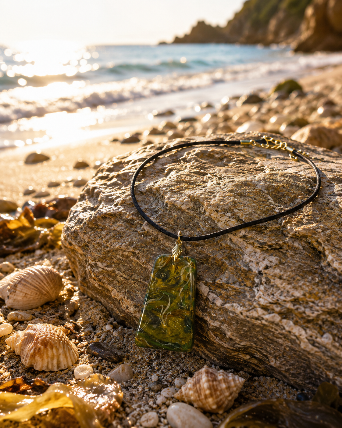Golden, olive green, smoky charcoal and green marble Necklace