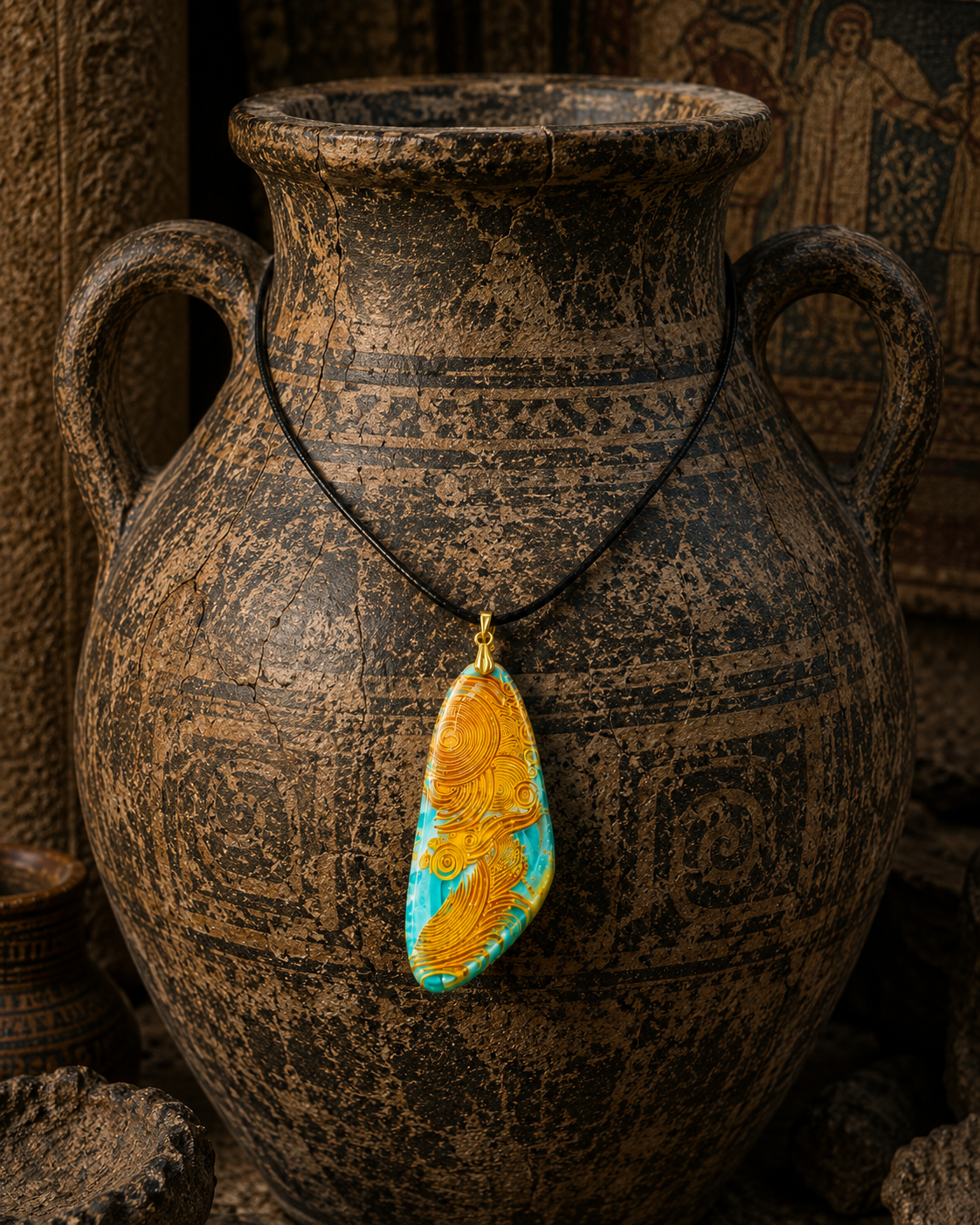 Striking pendant with rich golden patterns flow like etched currents Necklace
