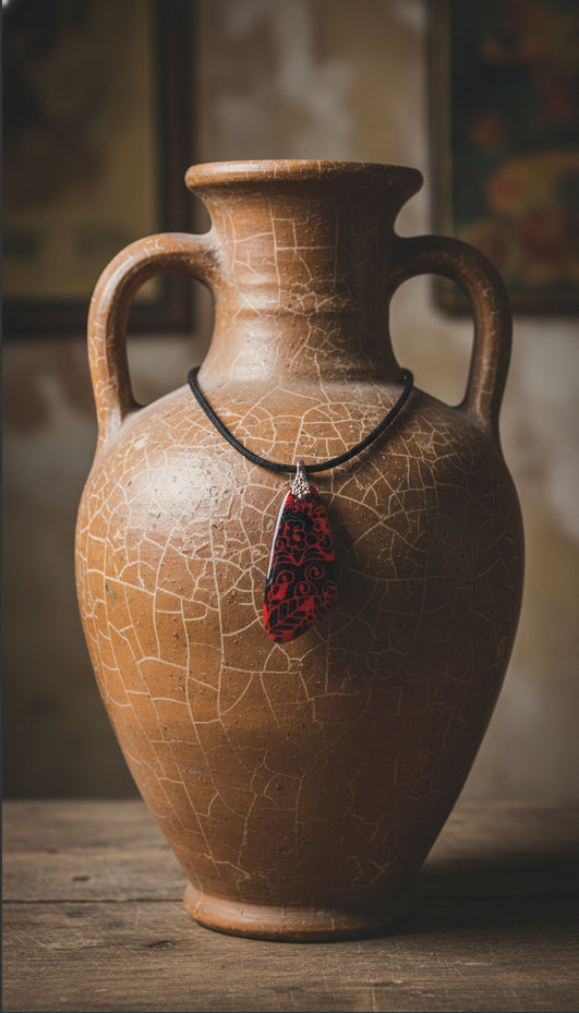 Crimson and black swirls ancient pattern Necklace