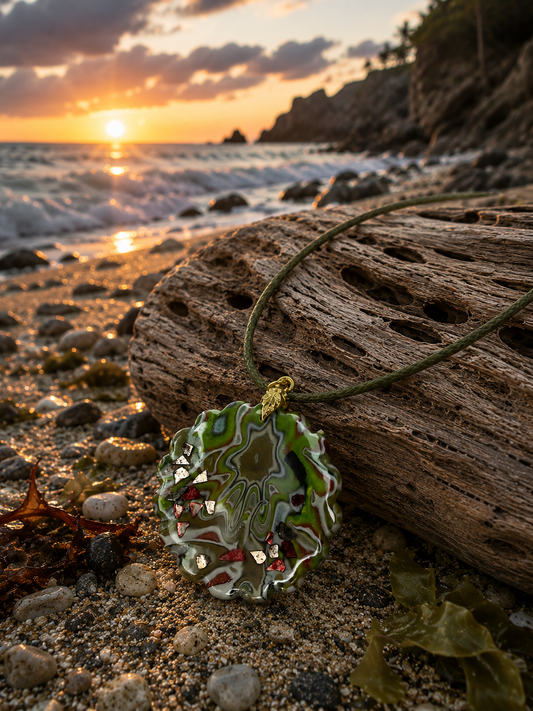 Assymetrical mandala-like pattern in earthy tones with simmering details Nacklace