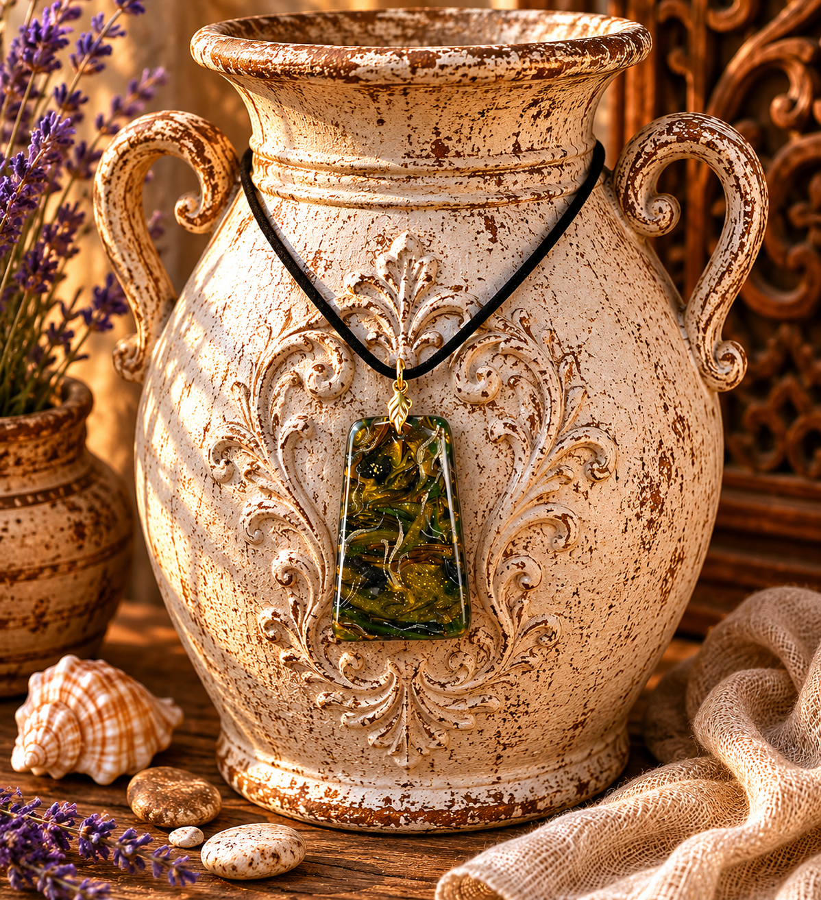 Golden, olive green, smoky charcoal and green marble Necklace