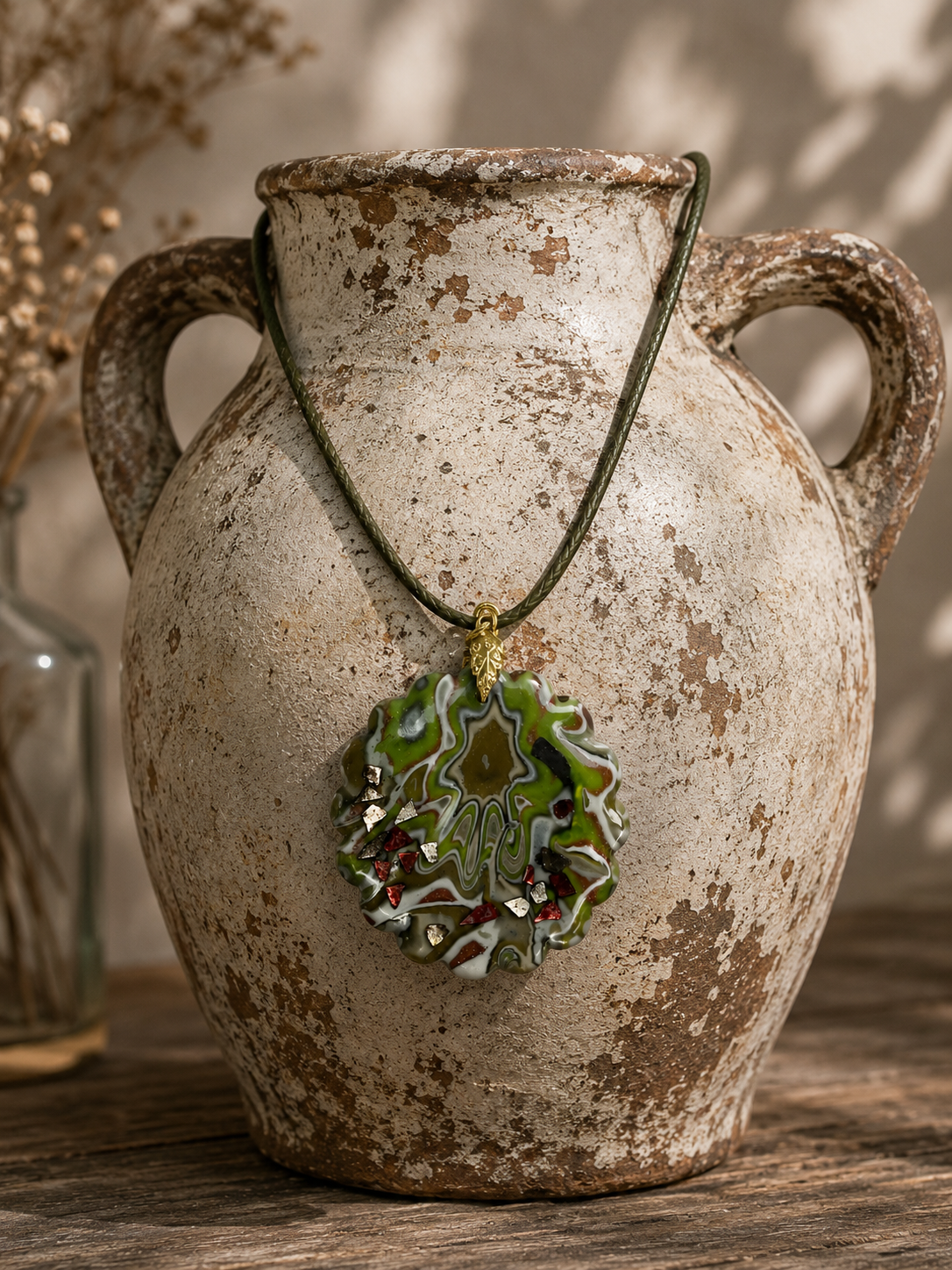 Assymetrical mandala-like pattern in earthy tones with simmering details Nacklace