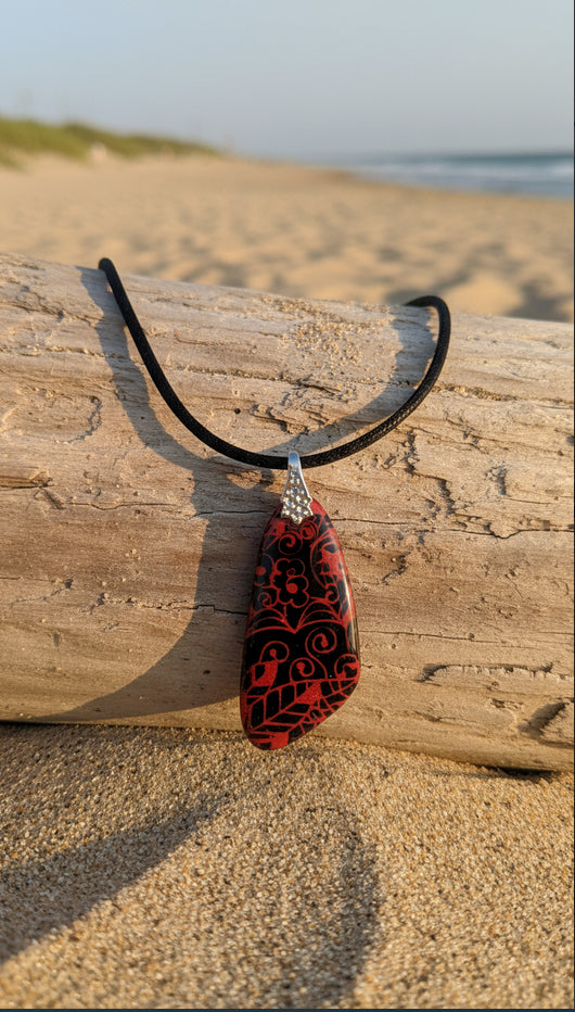 Crimson and black swirls ancient pattern Necklace