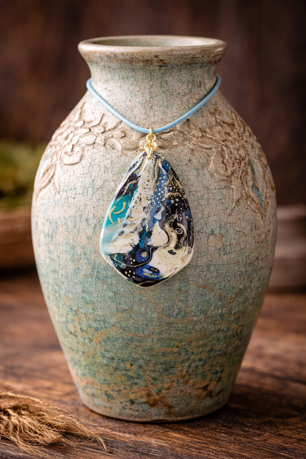 Flowing blend of turquoise, white, deep black, and shimmering gold Necklace