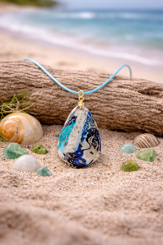 Flowing blend of turquoise, white, deep black, and shimmering gold Necklace