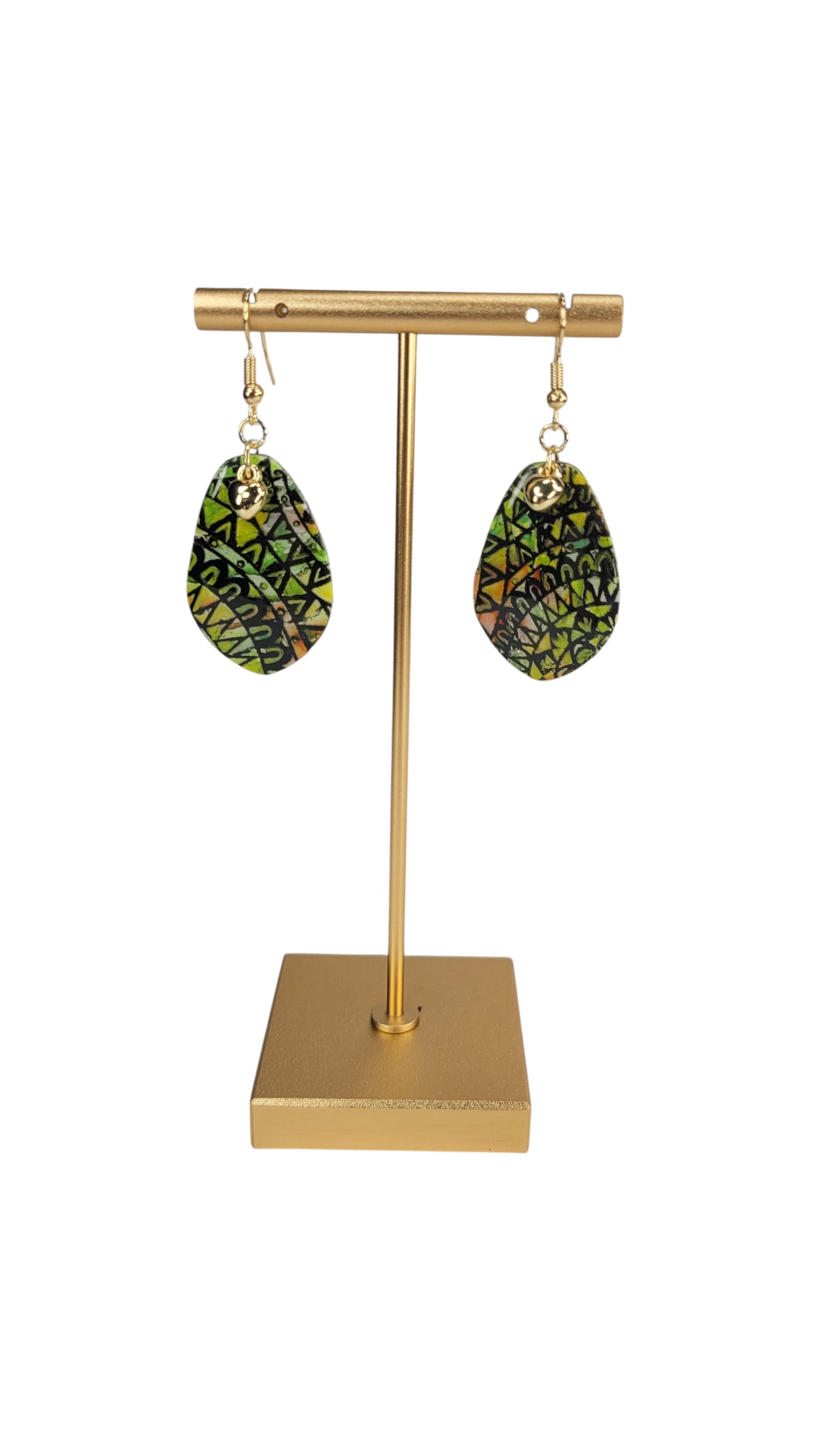 Green, gold and earthy orange tribal pattern Necklace and Earrings SET