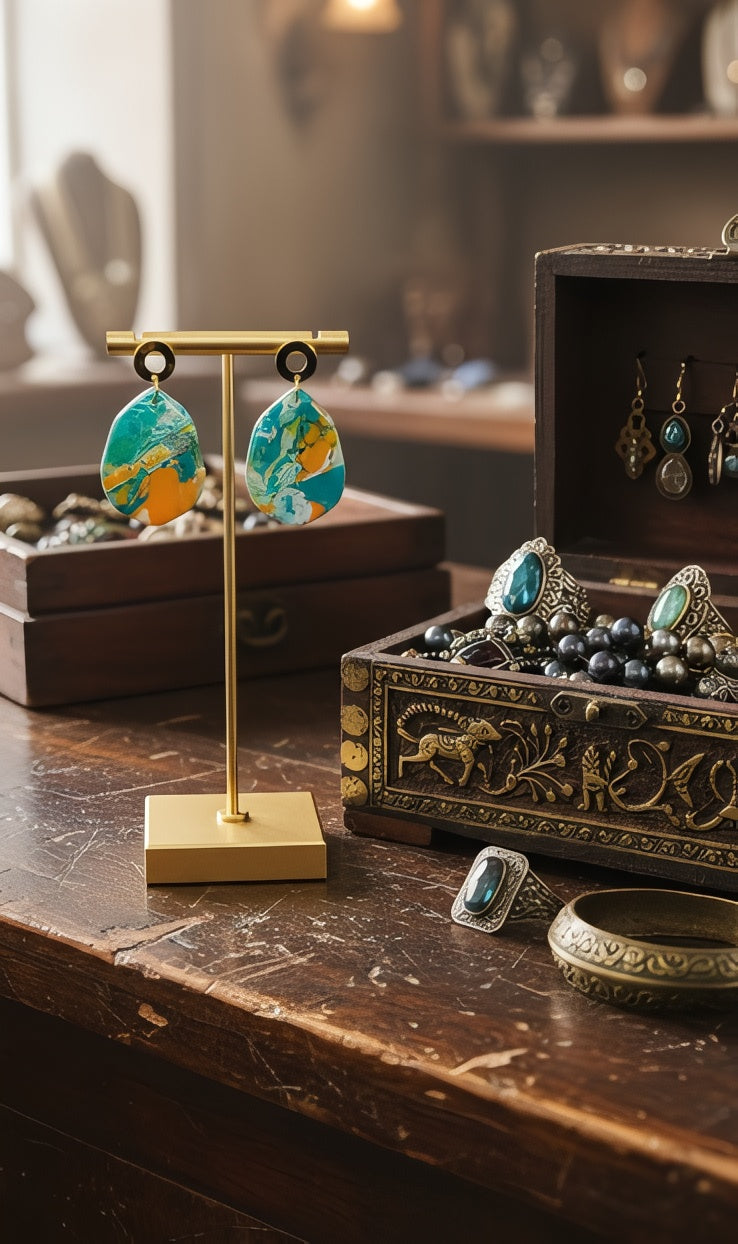 Organically shaped turquoise and orange Earrings with posts