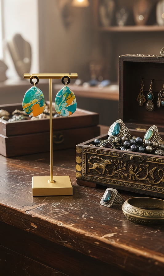 Organically shaped turquoise and orange Earrings with posts