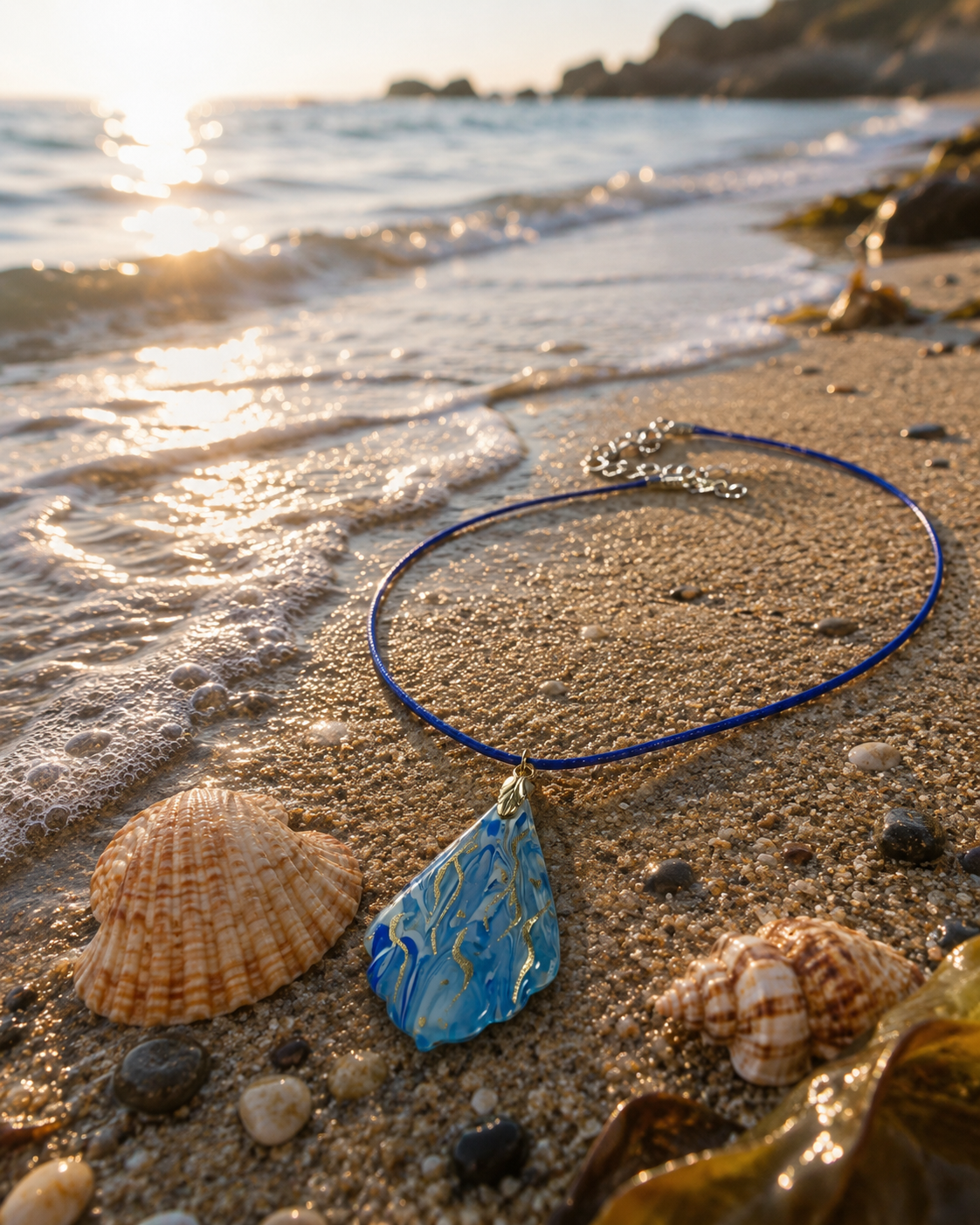 Blue white and gold petal shape pendant Necklace