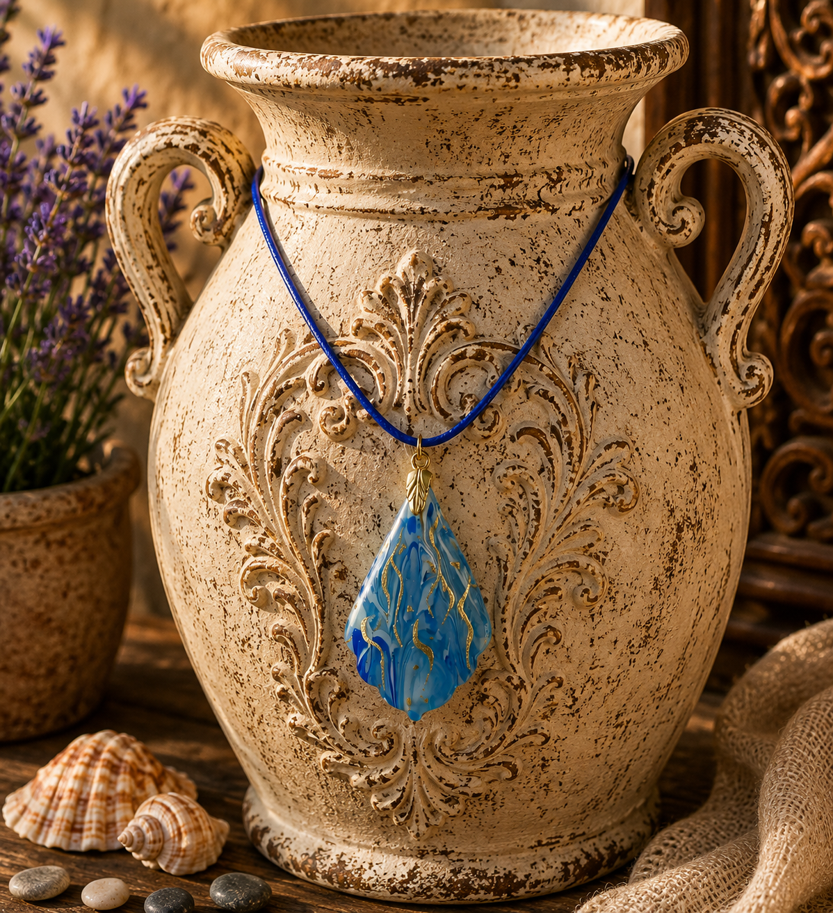 Blue white and gold petal shape pendant Necklace