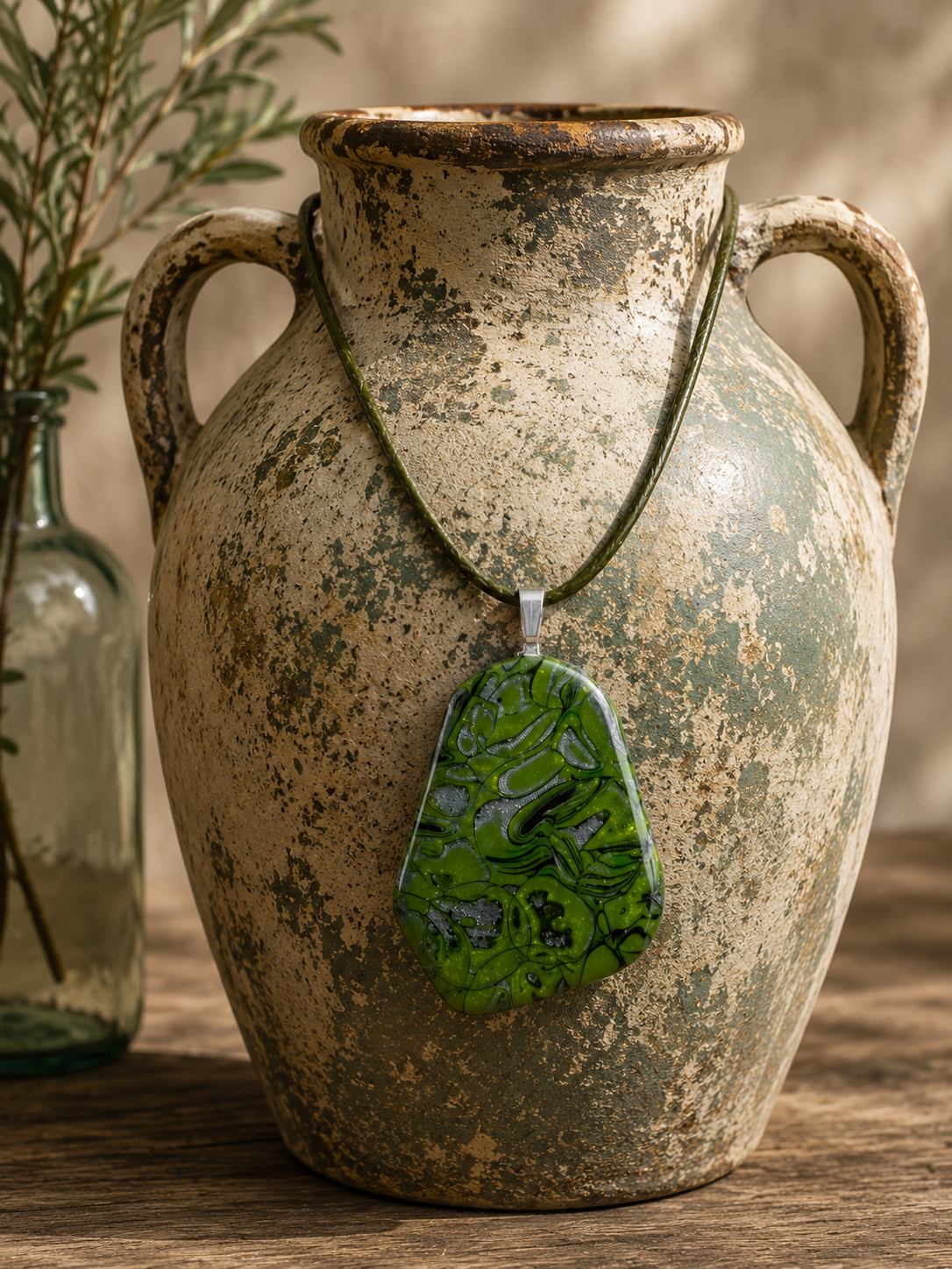 Swirling patterns in deep moss, olive, emerald, and smoky charcoal Necklace