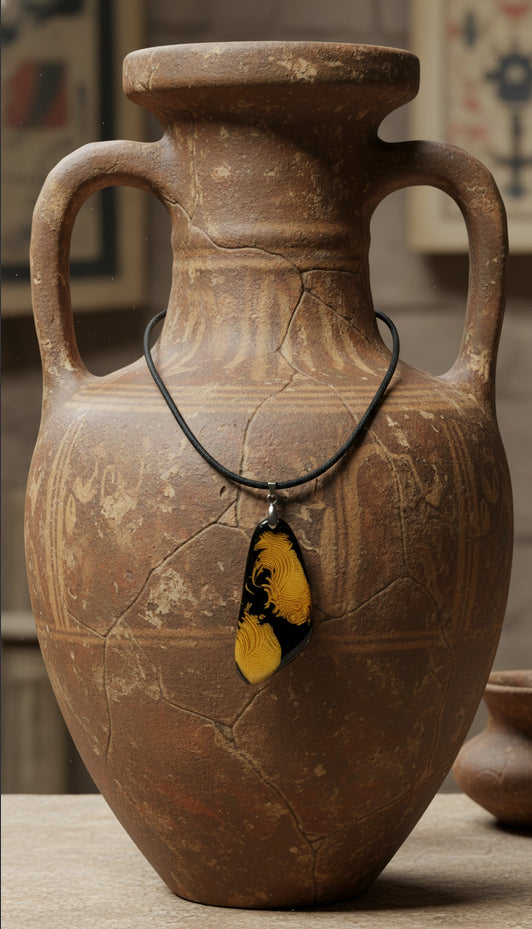Warm golden tones ripple across black background Necklace