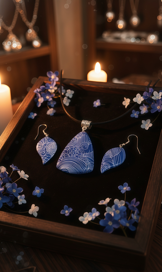 Blue with white pattern Necklace and Earrings SET