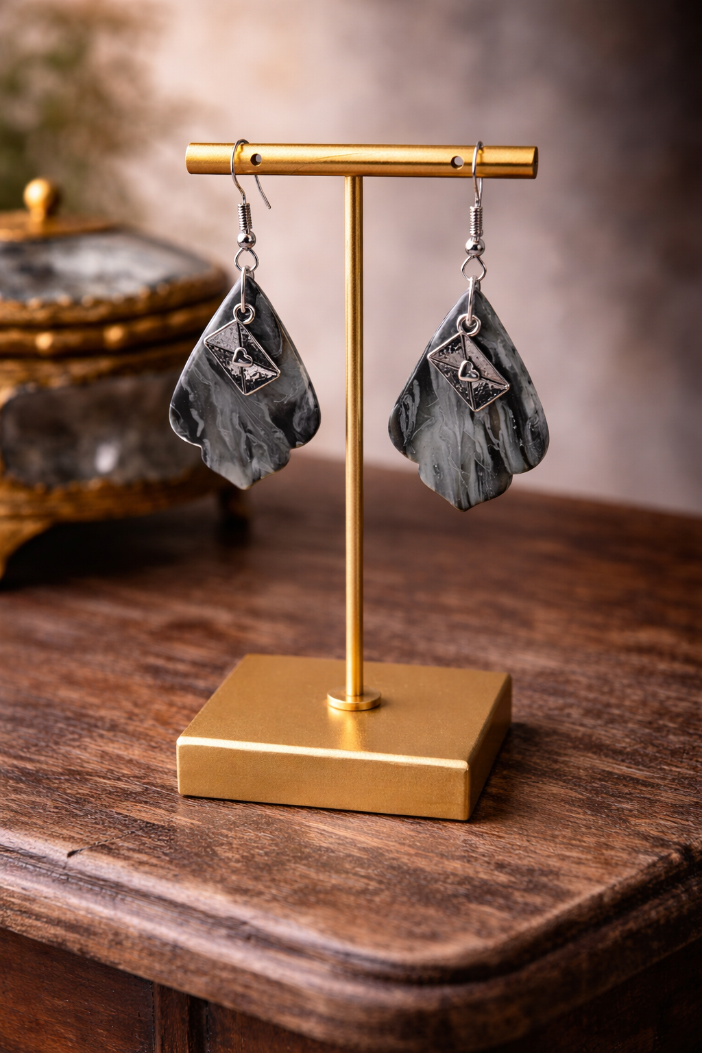 Dark marbled grey with small envelope charms Earrings