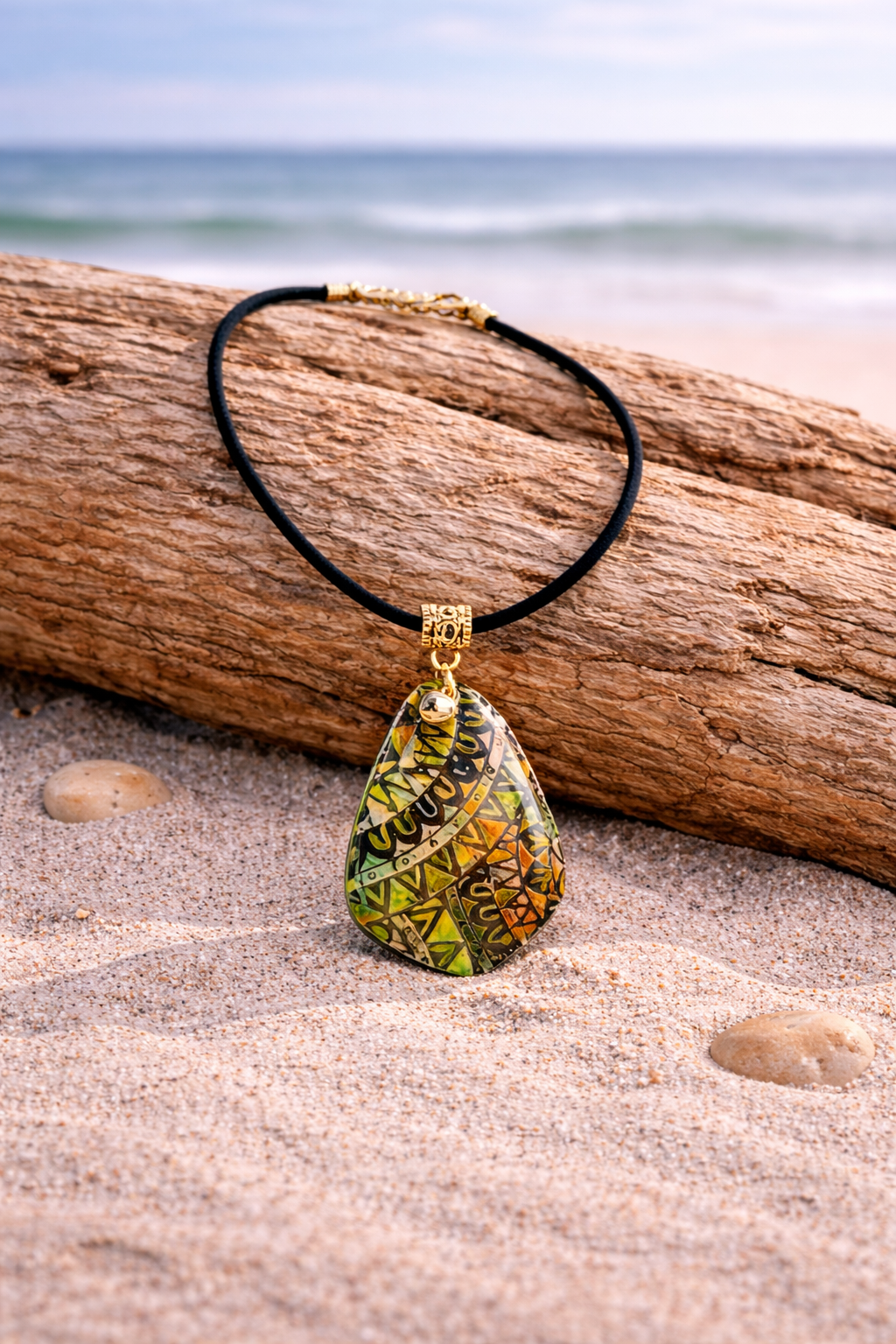 Green, gold and earthy orange tribal pattern Necklace and Earrings SET