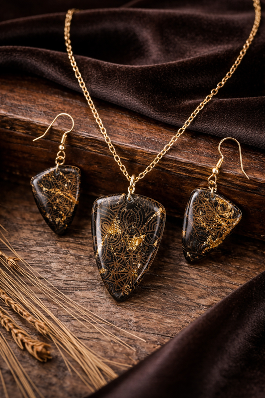 Striking Necklace and Earring SET black with scattered flecks of gold