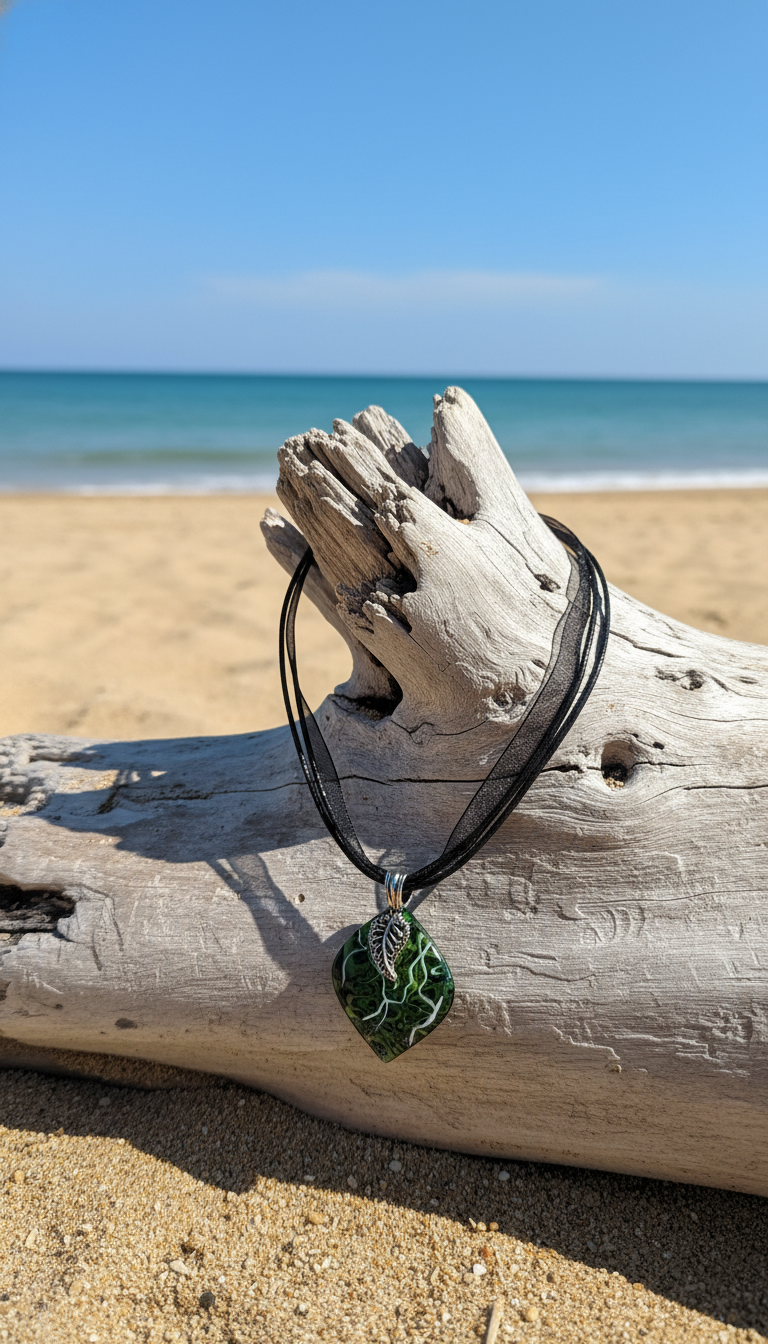 Dark green with silver and leaf charm Necklace